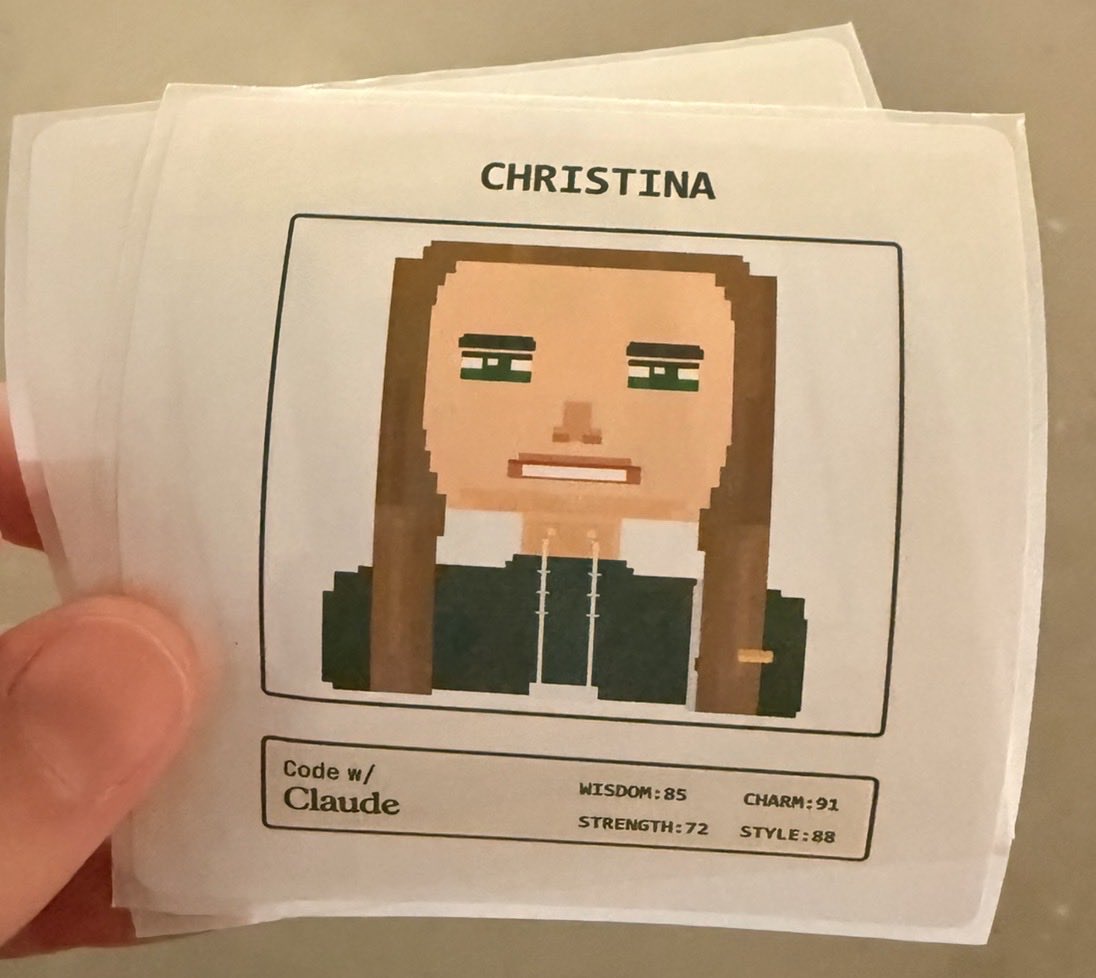 Pixel art portrait from Claude photo booth showing character stats