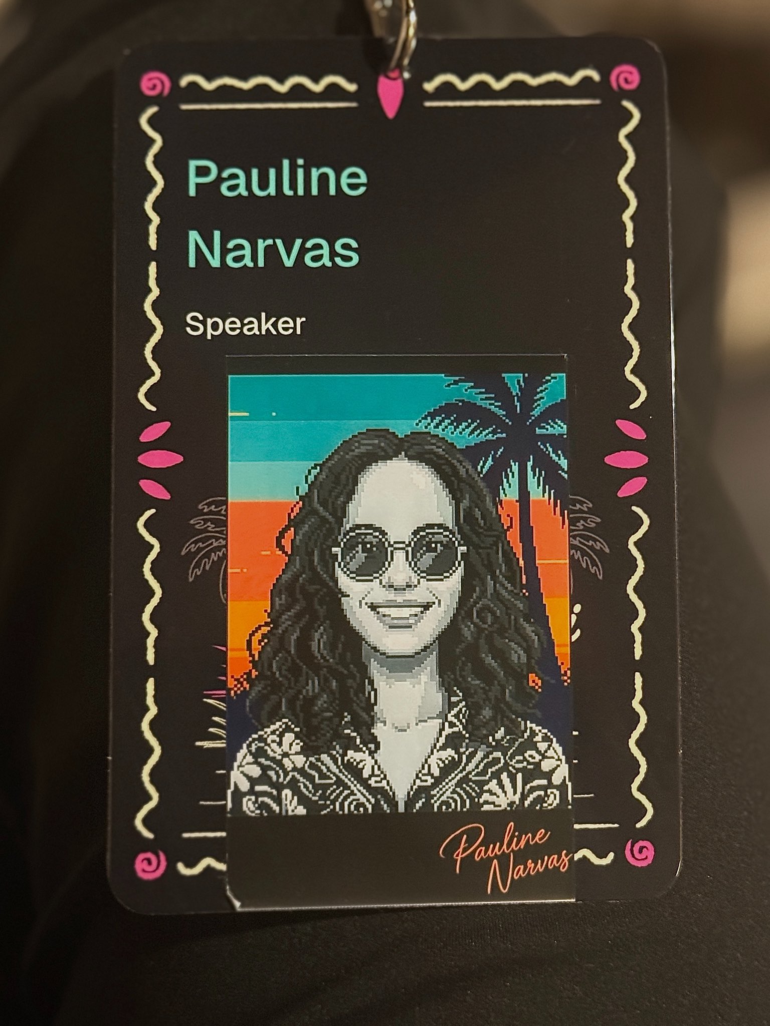 React Miami speaker badge with custom pixel art portrait